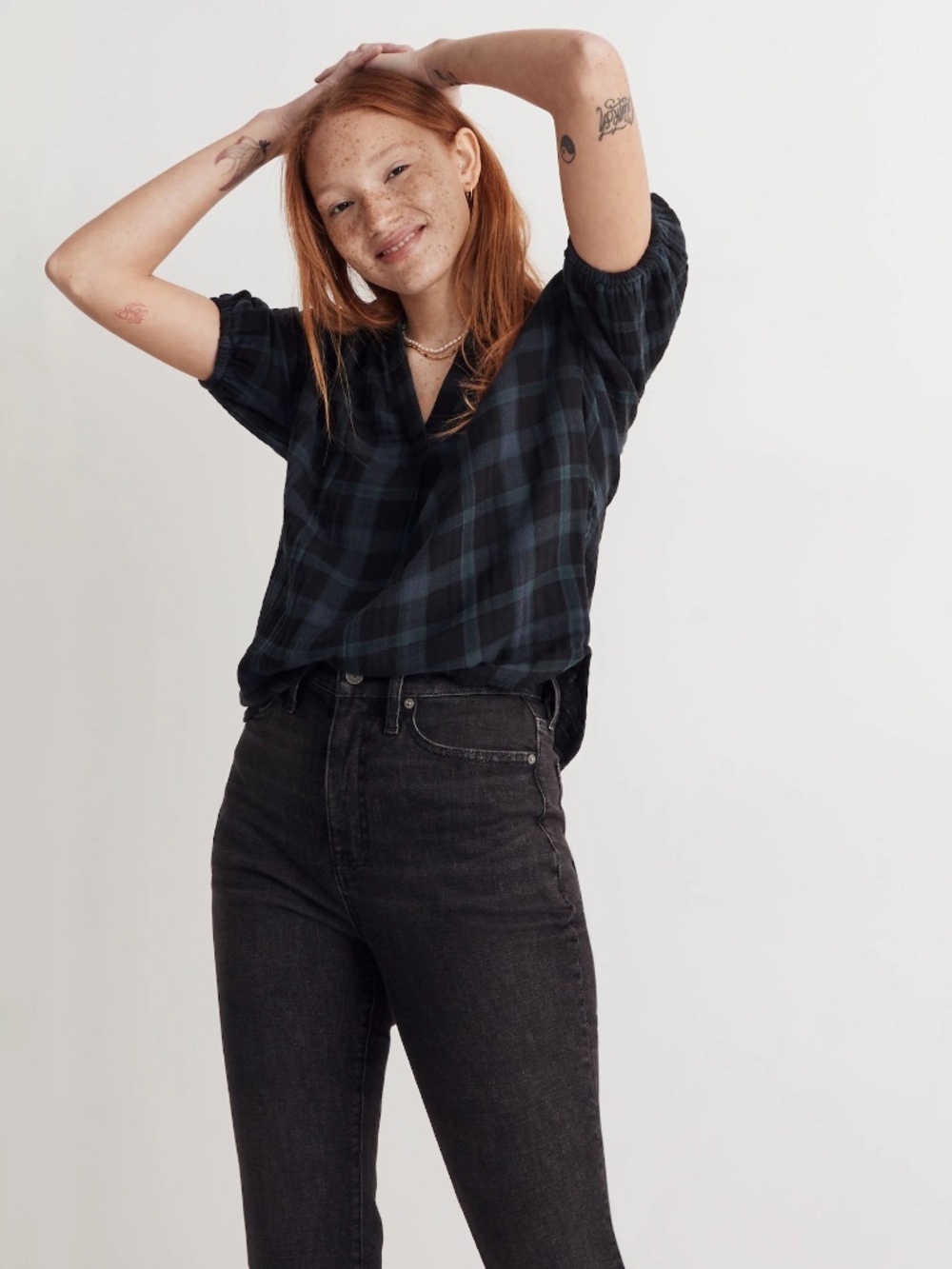 Madewell Black Blue Plaid Cotton Split-Neck Tunic